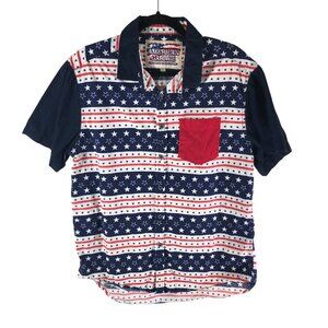 American Garage Mens Button Down Shirt Stars Stripes USA Flag Red White Blue L